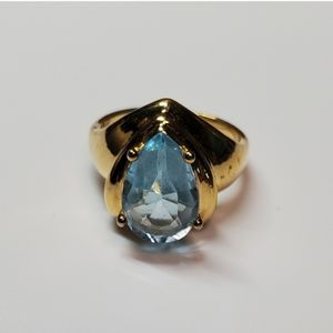 UTC Blue Pear-Shape Topaz Vintage 80's Sterling Silver Gold Tone Ring Size 6